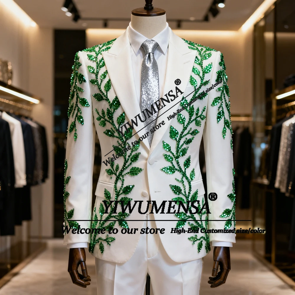 

Зеленые бусины и кристаллы, свадебные смокинги для жениха, комплект из 2 предметов, мужские модные пиджаки для выпускного вечера, брюки, костюмы по индивидуальному заказу, мужские облегающие наряды для вечеринок