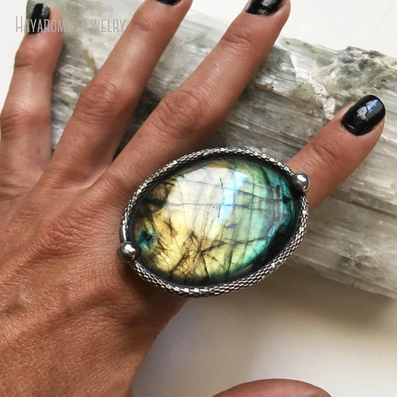 

10Pcs Massive Rainbow Aqua Labradorite Ring Adjustable Size 5 6 7 8 Witch Boho Goth Women Jewelry