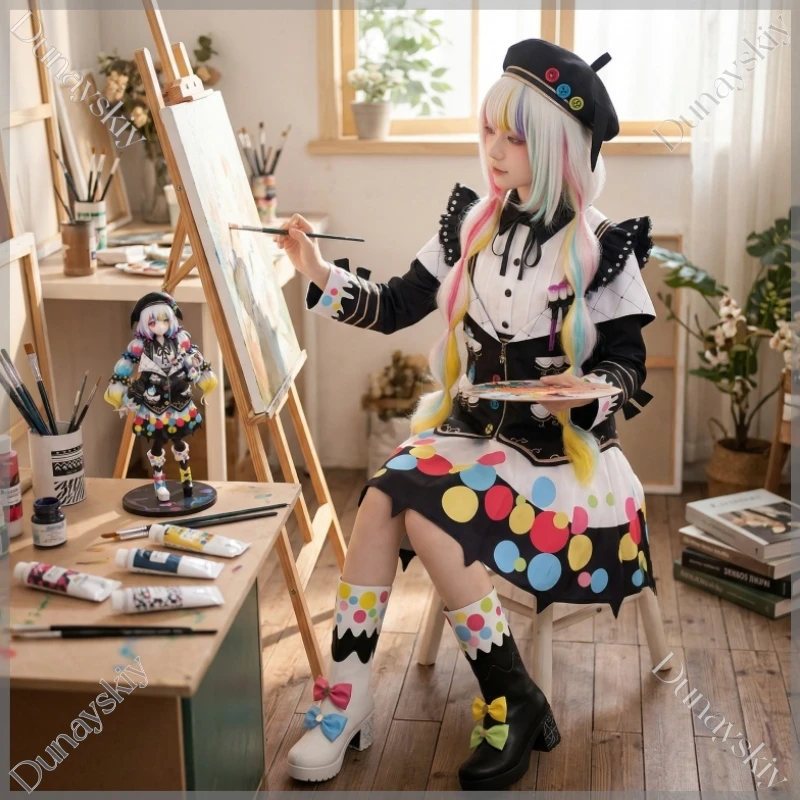 Jougasaki Noa Rainbow Dots Cosplay Full Set With Colorful Wig Custom Shoes White Polka Dot Dress Game Mahou Shoujo Witch Trial