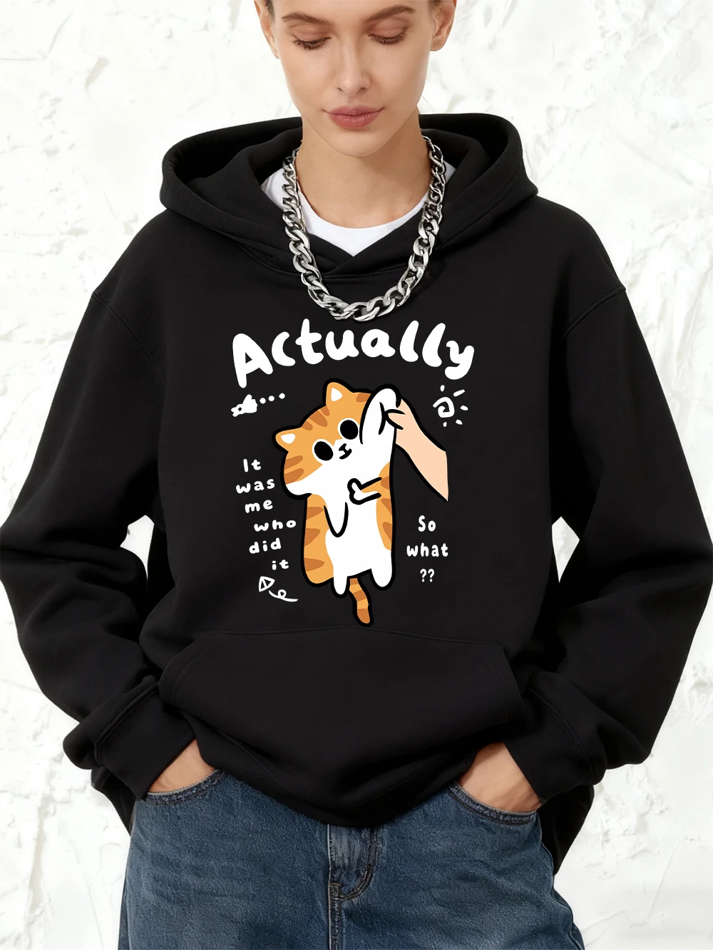 So What Cat Prints Cotton Hoodies Womens Winter Loose Sweatshirts Fleece Warm Jogging Pullover Casual Basic Pocket Woman Clothes