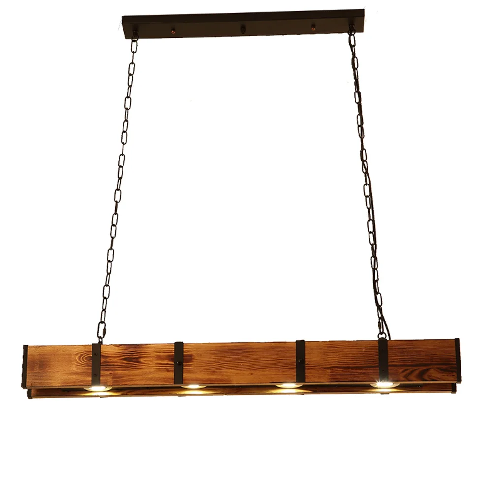 Industrial 4-Light LED Linear Rust Wood & Metal Ceiling light 12W Restaurant Warm Yellow Pendant Light