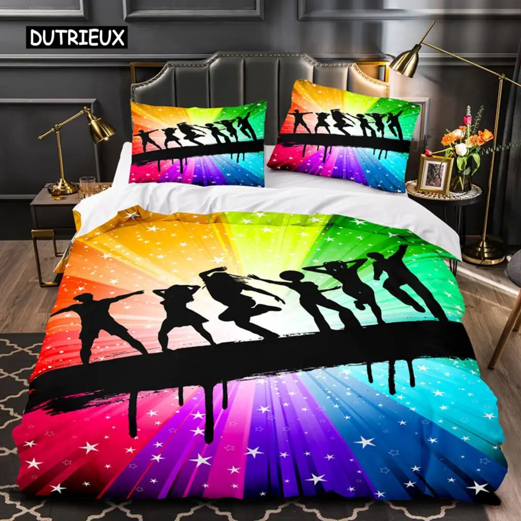 Dance Duvet Cover Microfiber Crowd Carnival Dancing Twin Bedding Set Rainbow Striped Stars Youth Vitality Theme King Quilt Cover