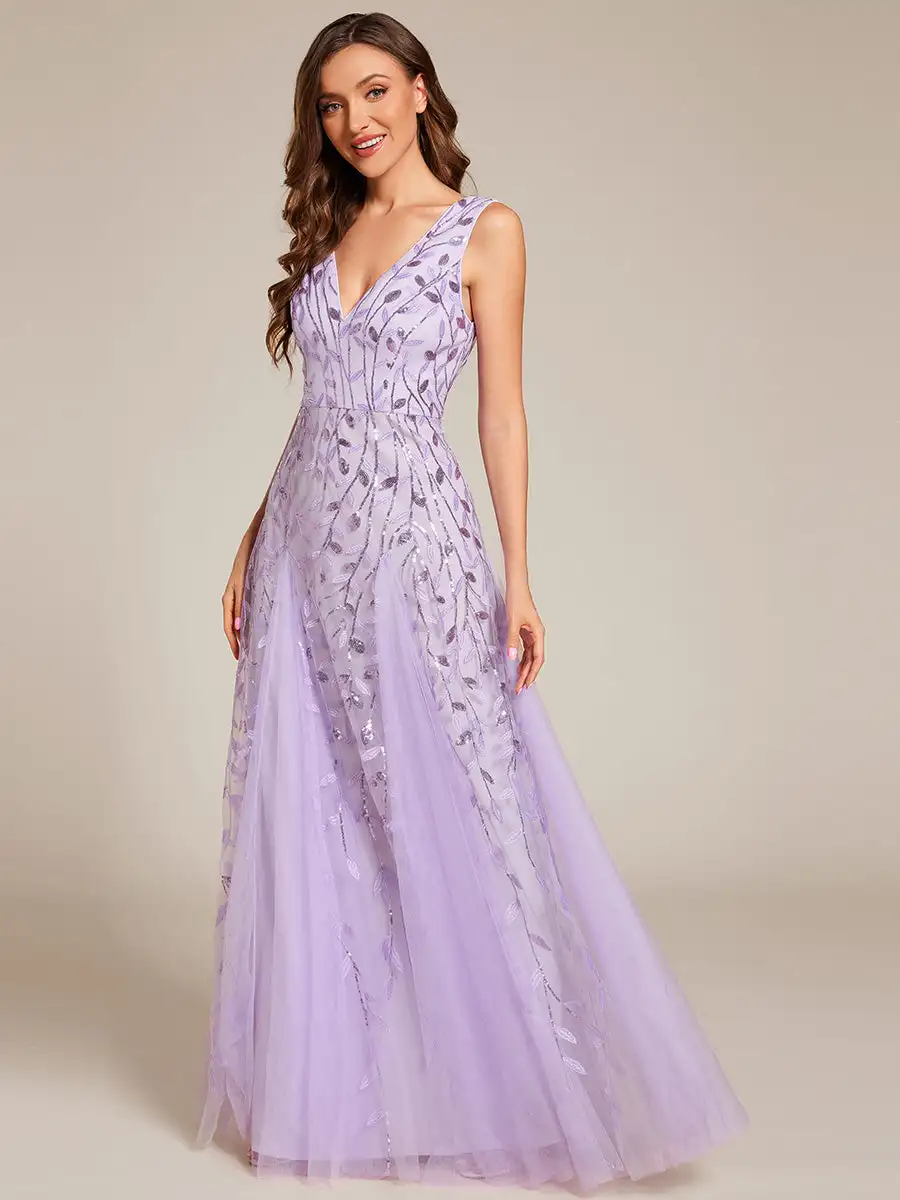 

Elegant Evening Dresses Deep V-neck Sparkling Sleeveless Leaf 2025 Ever Pretty of Sequin A-Line Lavender Bridesmaid dress