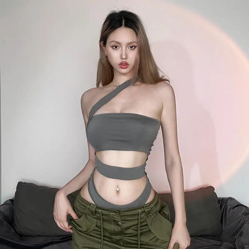 Sexy Hollow out Slant Collar Women's Vest Slim Fit Body Shaping Base Layer  Suit A-Line Narrow Strap Vest 3D Effect
