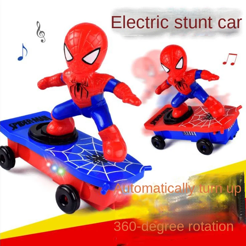 Spiderman Automatic Flip Rotation Skateboard Car Toy Acousto-Optic Car Ultraman Electric Music Toy Stunt Scooters Birthday Gifts