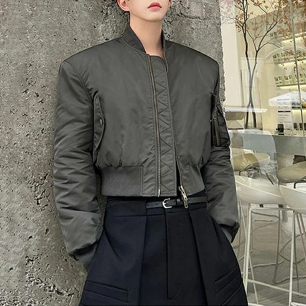 Mens Autumn Winter Casual Solid Color Thickened Pocket Short Jacket Genderless Korean Style Retro Trend Biker Jacket Unisex