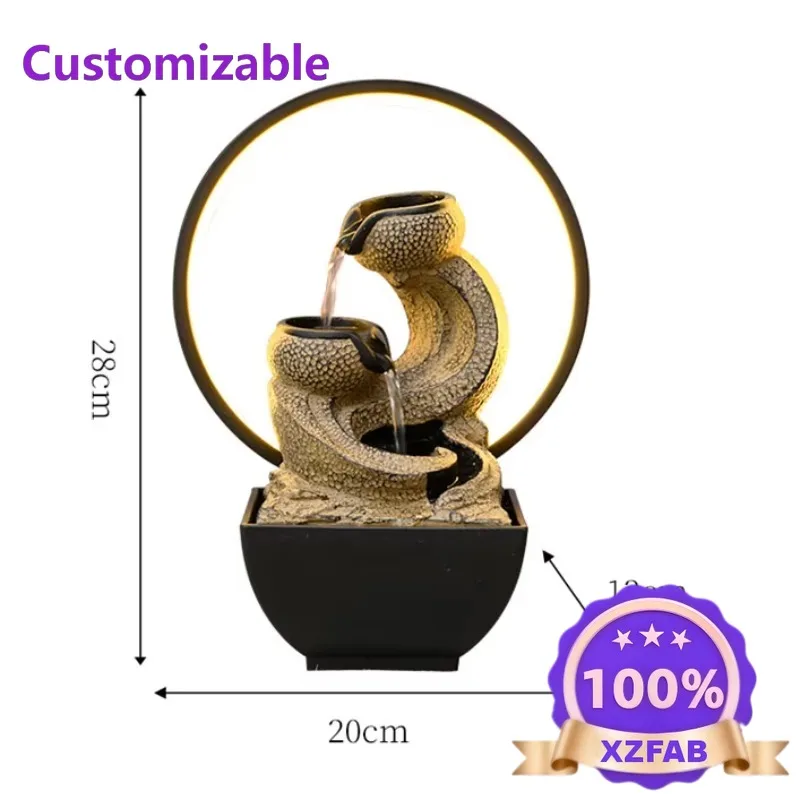 Factory Direct 2026 Zen Wabi Sabi Resin Tabletop Water Fountain With LED Ring Light Hand Painted For Home Office Bedroom Living