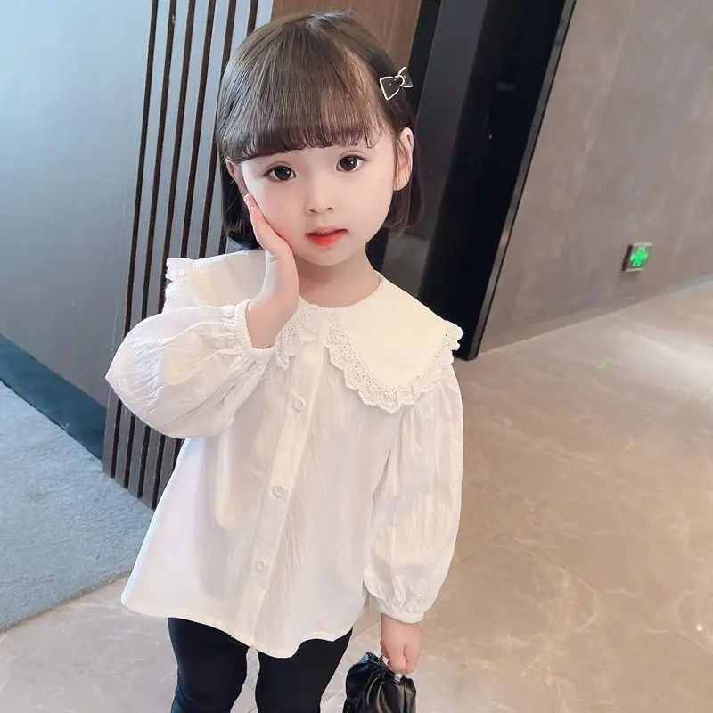 206 Spring and Autumn Girls Shirt with Doll Collar Lace Large Round Collar Fashionable and Cute Pure Cotton Shirt