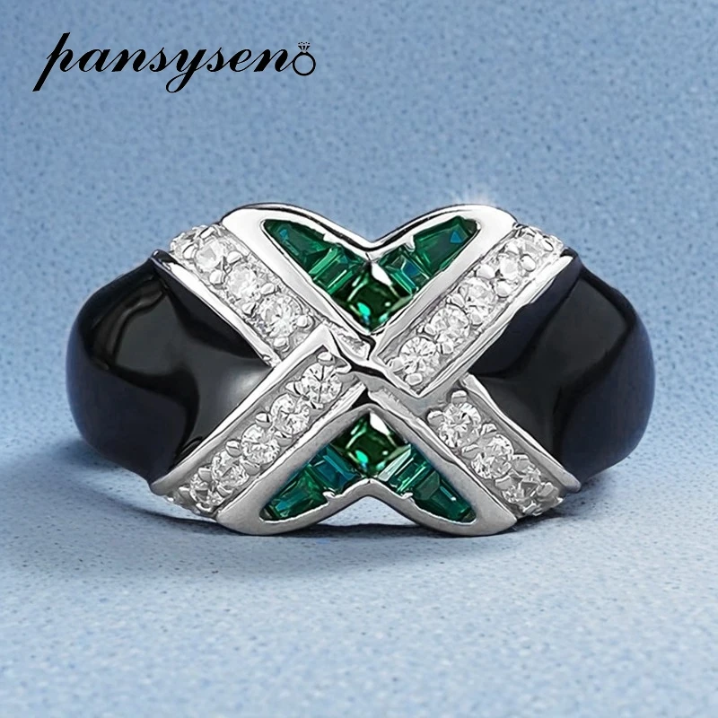 

Vintage Original 925 Sterling Silver Emerald High Carbon Diamond Black Epoxy Resin Ring for Women Man Anniversary Party Jewelry