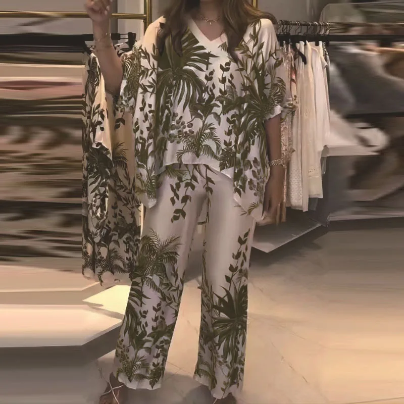 

Elegant V-neck Irregular Tops & Long Pant Outfits Casual Short Sleeve Loose Party Set 2024 Women Fashion Pattern Print 2Pc Suit