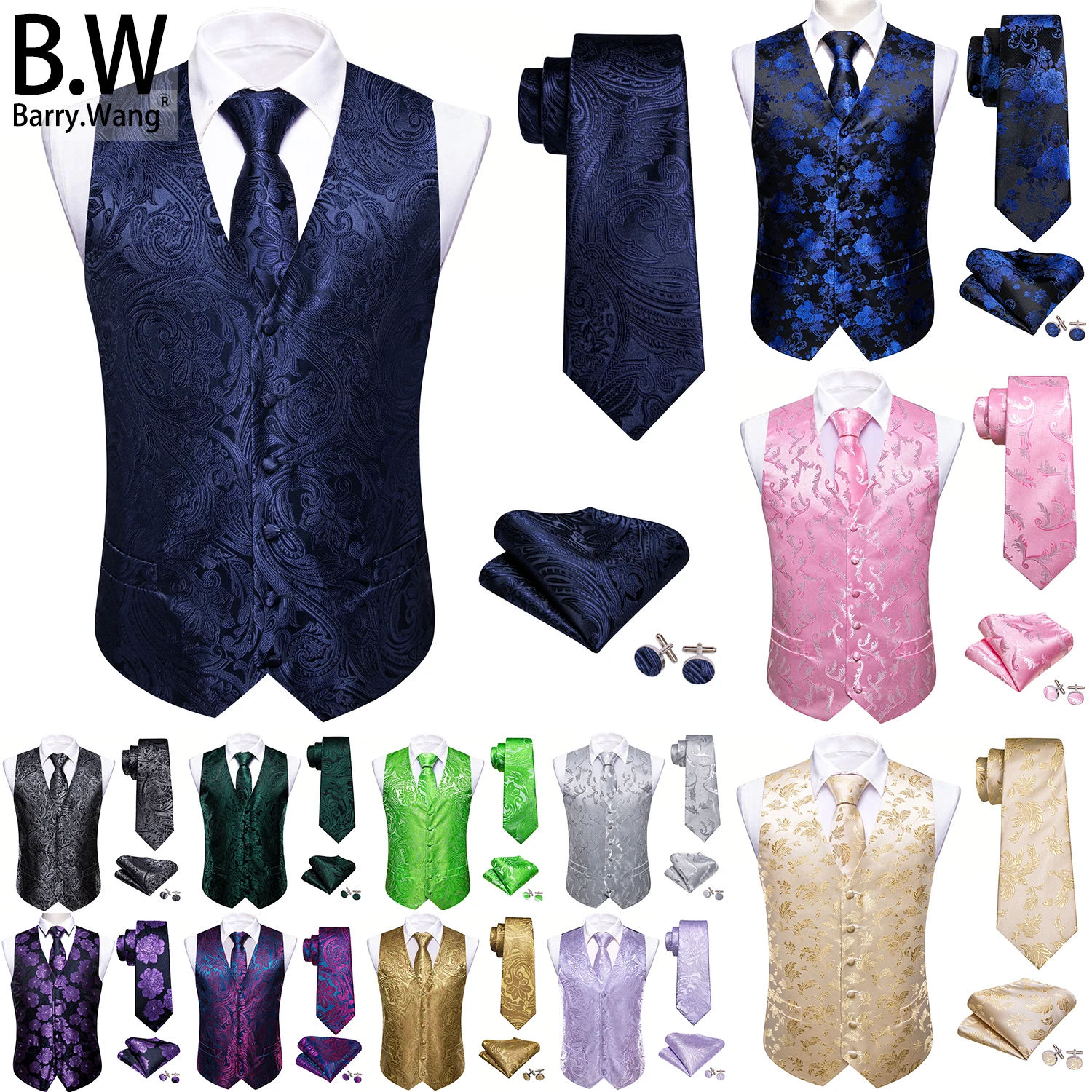 

Barry.Wang 100 Colors Silk Men Vest Tie Hanky Cufflinks Set Paisley Floral Waistcoat Jacquard Sleeveless Jacket Wedding Business