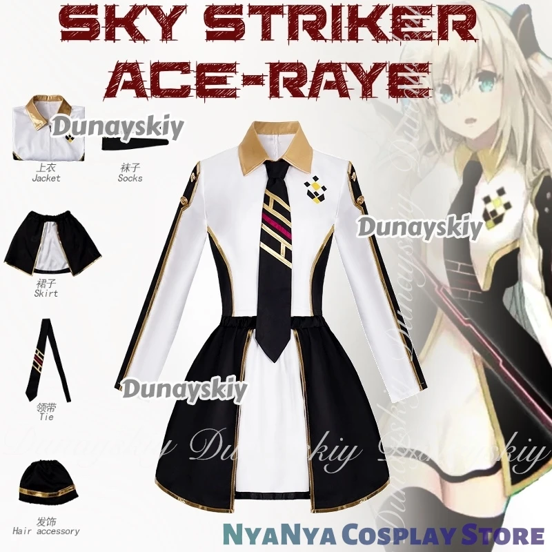 

Official Card Game Sky Striker Ace-Raye 코스프레 With The Platinum Wig Black White Dress Long Knife Props 코스프레 Costume All Set