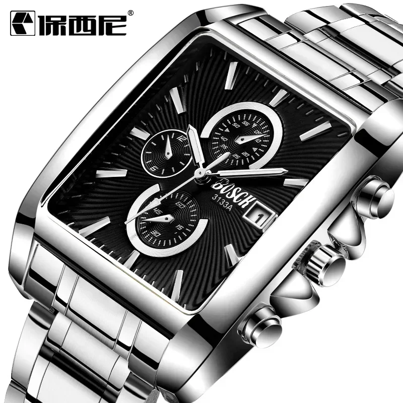 Men\'s Watch Luminous Waterproof Casual Business Square Sports Calendar Watch 30m Waterproof Steel Band Quartz Casual Wrist Watch