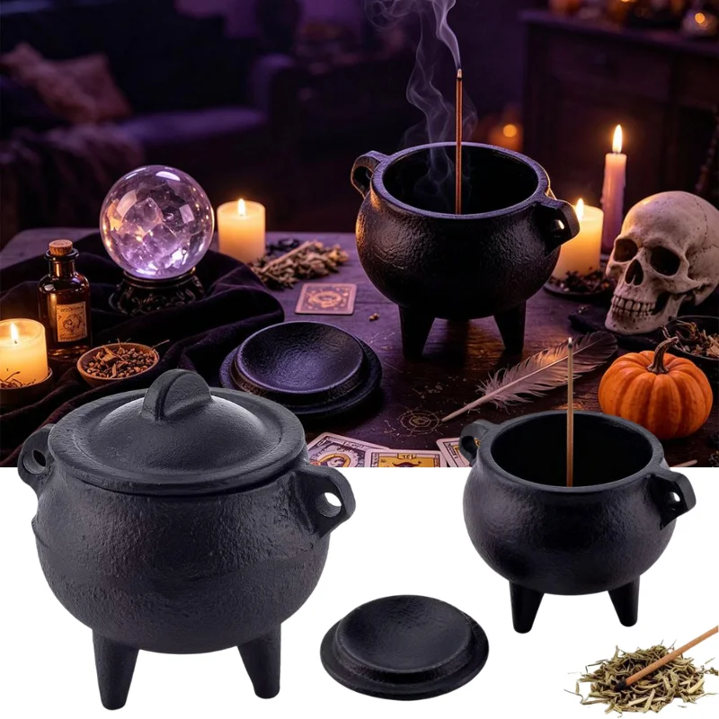 Witch Style Three Legged Black Cast Iron Cauldron With Cover Incense Burner Pot Ritual Altar Halloween Cosplay Table Decor