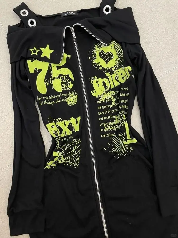 Original subcultura preto fora do ombro punk impresso hip abraçando jaqueta longa outono vintage picante menina fino ajuste zíper cardigan