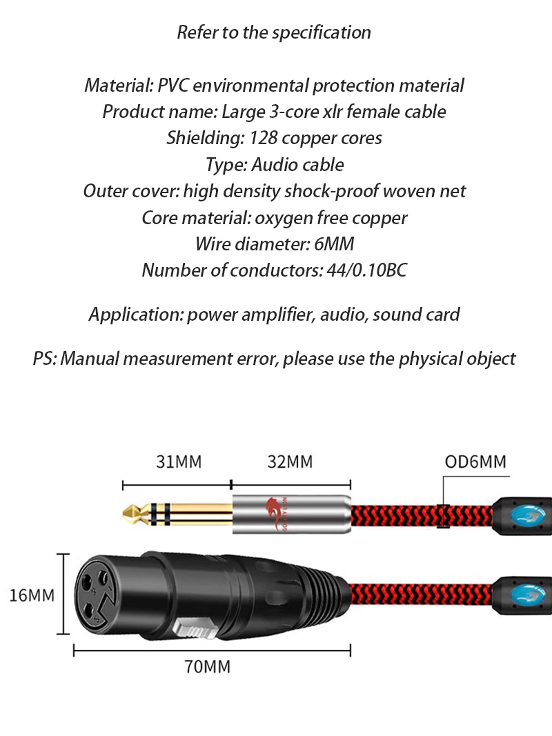 1/4'' TRS Stereo 6.35mm to 3-Pin XLR Female Shielded Audio Cable for Mixer Console Amplifier Speaker Studio Balanced Cords