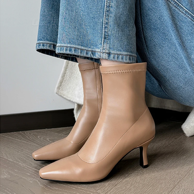 JOZHAMTA Size 34-40 Women Ankle Boots Soft Leather High Heels Fall Winter Shoes 2025 Ins Stretch Boots Office Lady Daily Dress