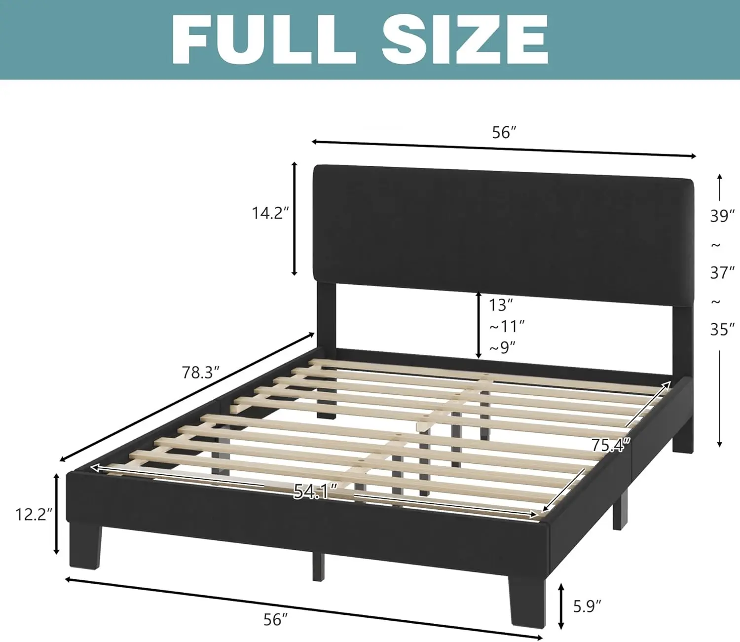 Full bed frame with headboard cushion, wooden support, no need for punching, heavy-duty tripod, easy to assemble, dark gray