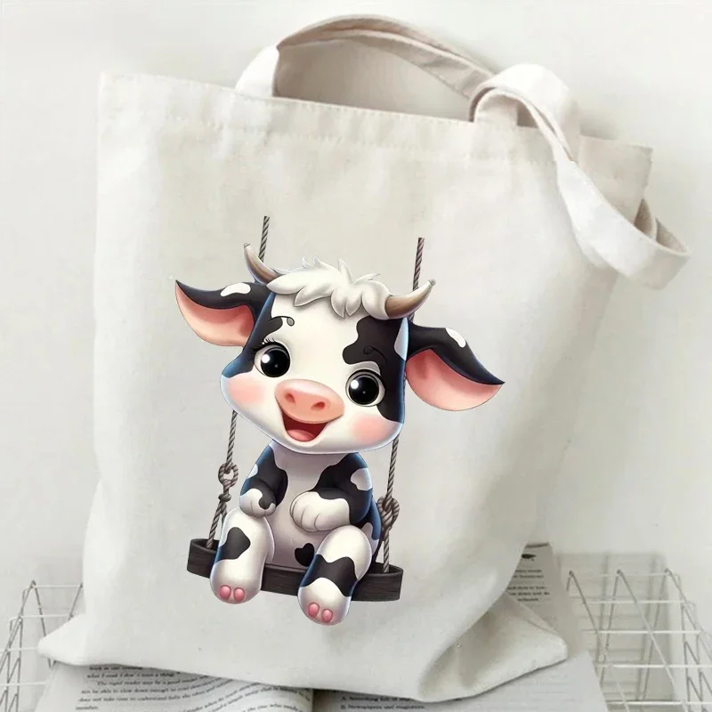 Cute Cow Print Canvas Tote Bag Women\'s Large Capacity Beach Shoulder Bag Student Casual Travel Shopping Bags Cartoon Cow Handbag