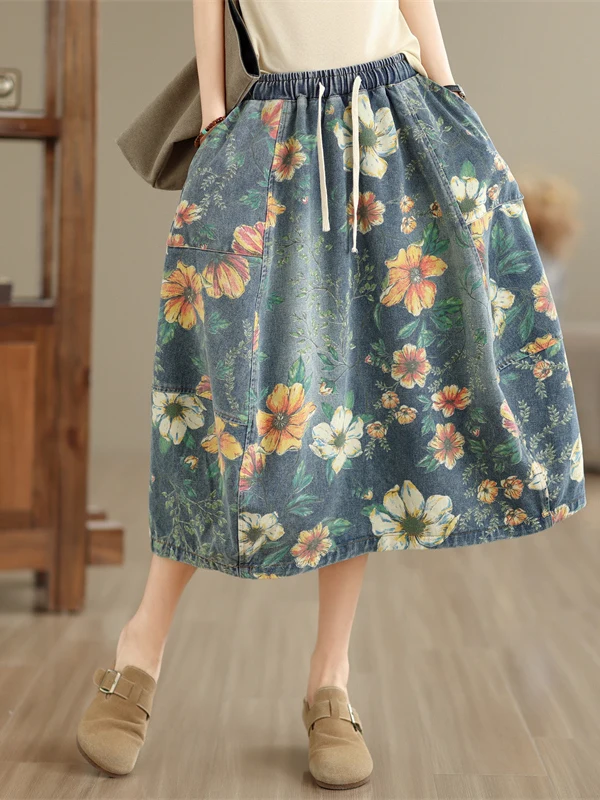 

Floral Print A-Line Midi Skirt plus Size Denim Spring Summer Casual High Waist Cotton Blend Pear Straight Bodycon