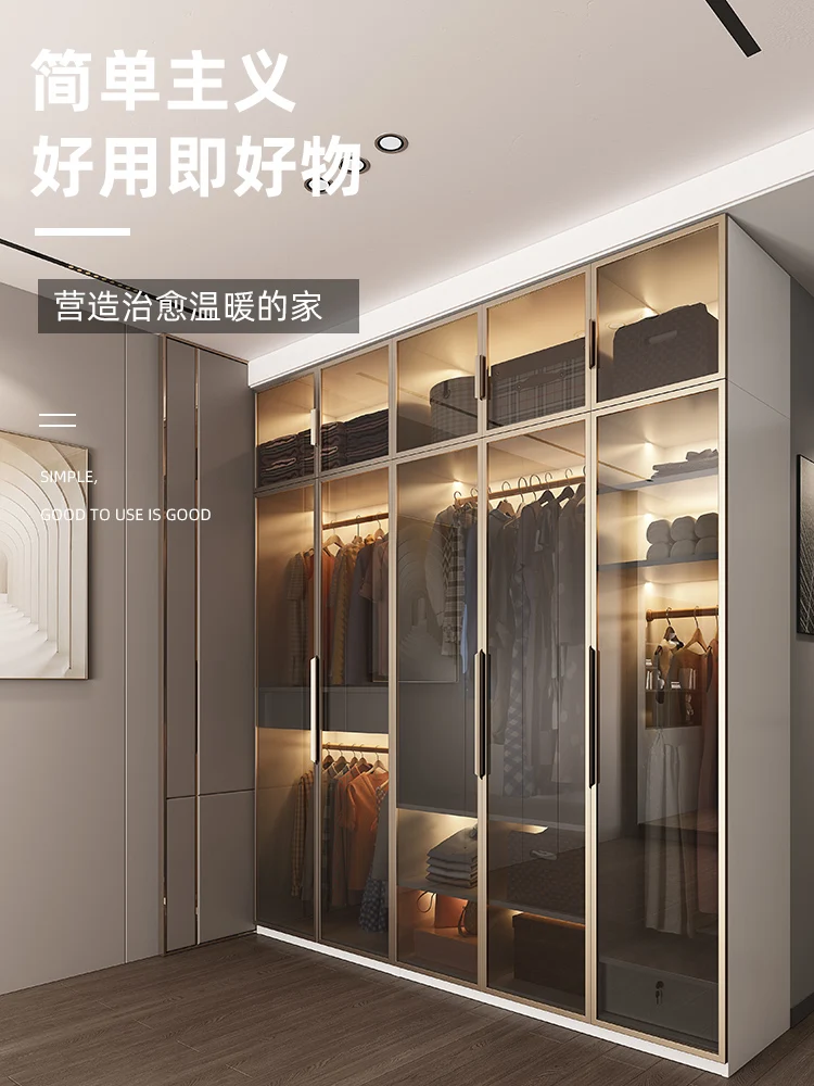 Customized wardrobe, glass door, modern minimalist, light luxury cabinet, wardrobe combination storage cabinet, home solid wood