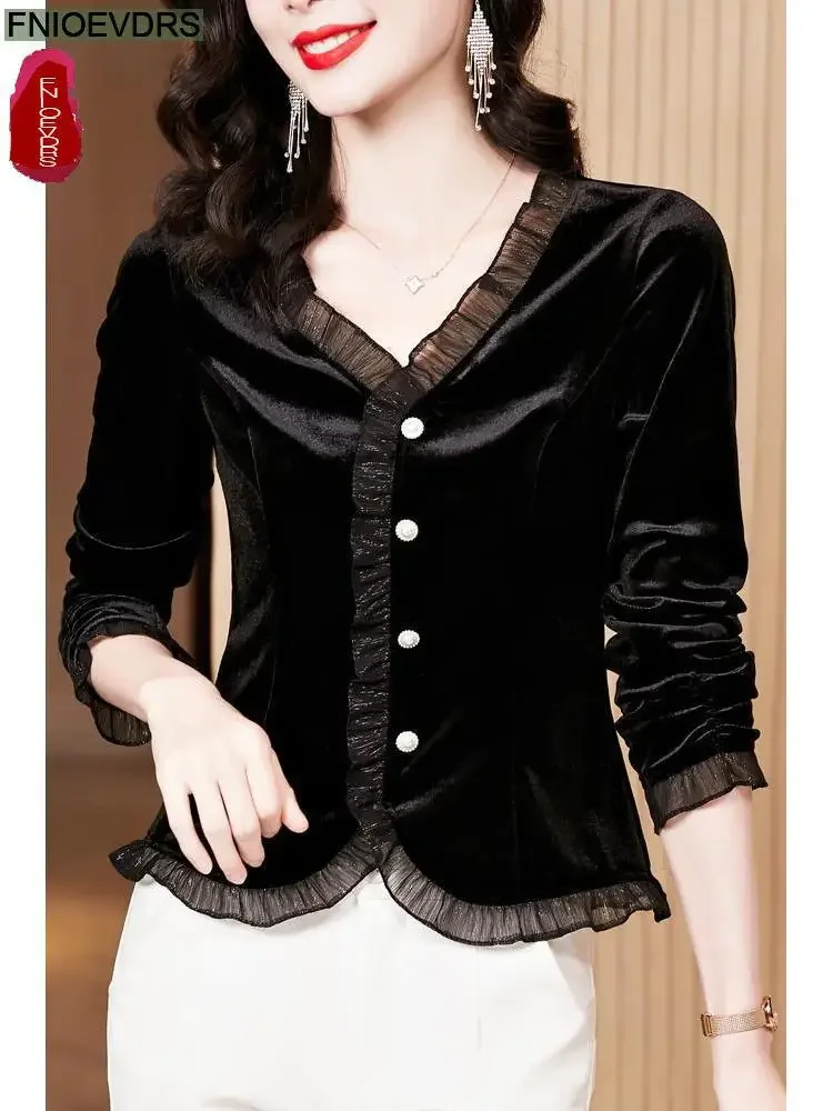 

Women 2025 Autumn Slim Basic Wear Retro Vintage Elegant Office Lady Button Short Shirts Work Black V Neck Ruffles Tops Blouses
