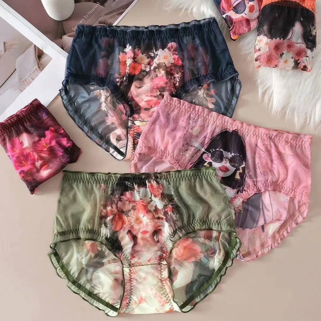 5PCS/Lot  Women Underwears Plus Size 5XL Thin Cartoon Beauty Print Transparent Mesh  Sexy  Panties Sets Lady's Underpants