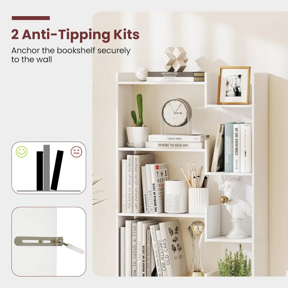 "Two-Piece Wooden Bookshelf Set with 11 Staggered Shelves and Anti-Tipping Features"