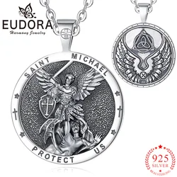 Eudora 925 Sterling Silver Saint Michael Archangel Necklace Vintage Cross Amulet Pendant Religious Believer Jewelry Gift for Men