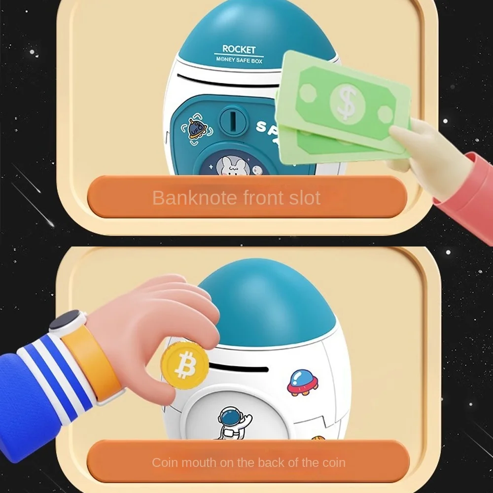 Cute Children Piggy Bank with Cartoon Sticker Multi-purpose Space Rocket Shape Cash Box Plastic Money Box Kids Gift Toy