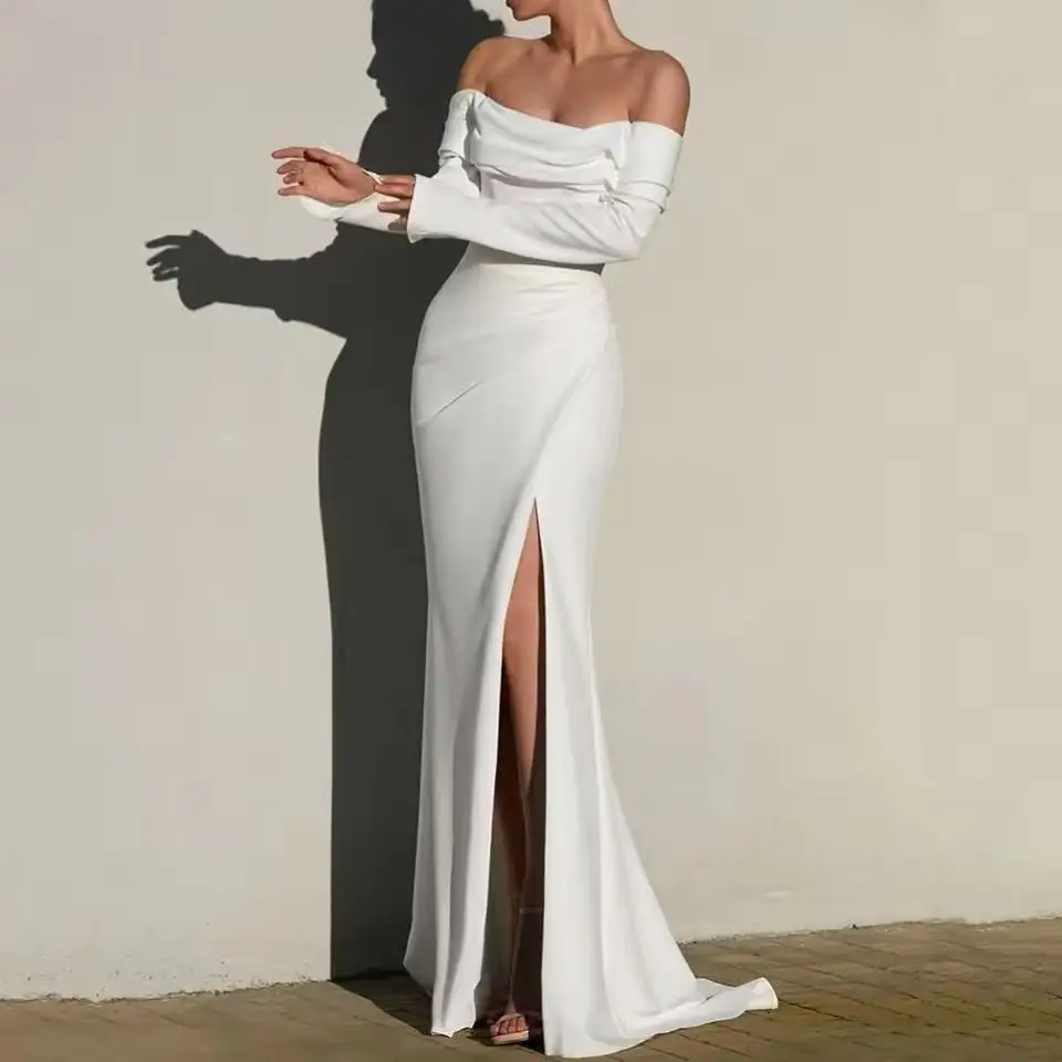Long Sleeves Off the Shoulder Wedding Dress Boat Neck with Pleat Mermaid Customized Sexy Side Slit Bridal Backless Gowns