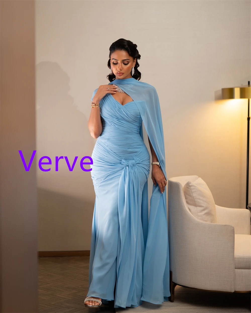 

Customized Formal Blue Chiffon Evening Dresses Modern Strapless Celebrity Gowns High Quality Sweep Train Special Occasion Gowns