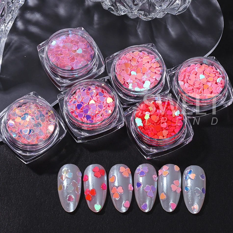 กลิตเตอร์เล็บรูปหัวใจสีชมพู/ม่วง 6 ชิ้น แบบโฮโลแกรม ประกายรุ้ง สำหรับตกแต่งเล็บวันวาเลนไทน์