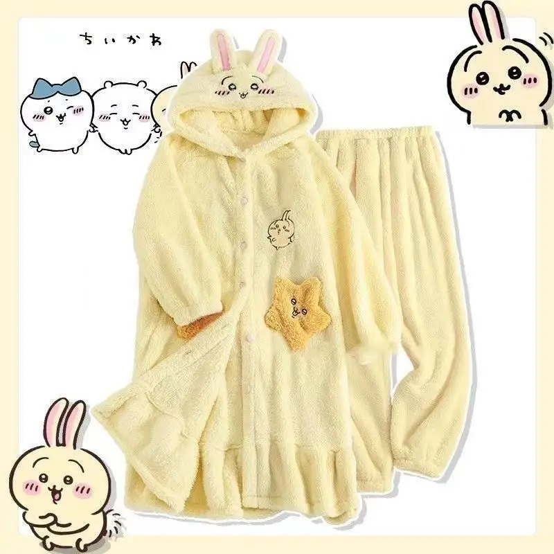 Anime Chiikawa Hachiware Usagi Damen Pyjama-Set, Plüsch, dick gefüttert, warm, mit Kapuze, langer Bademantel, Hose, Cartoon-Flanell, Winter, Kawaii, Homewear