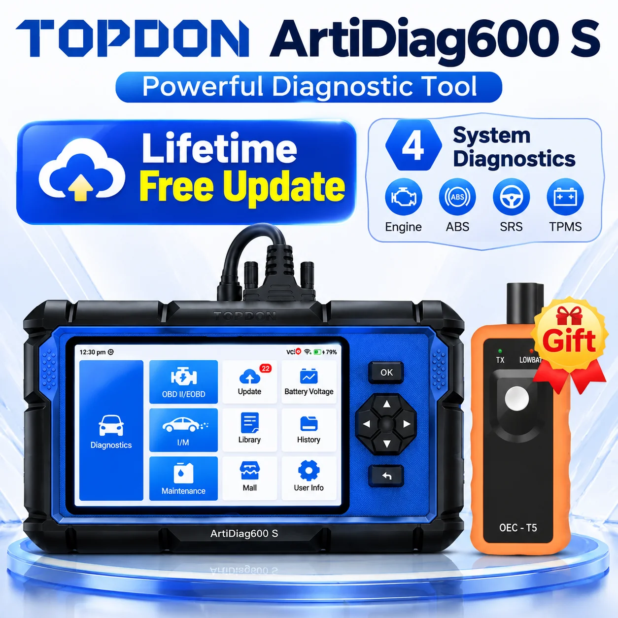 TOPDON Artidiag600S OBD2-Scanner Kfz-Diagnosegerät 9 Resets 4 Systemdiagnosen FCA-Protokoll Lebenslange Kostenlose Updates AutoVIN Mit Reifendrucküberwachung