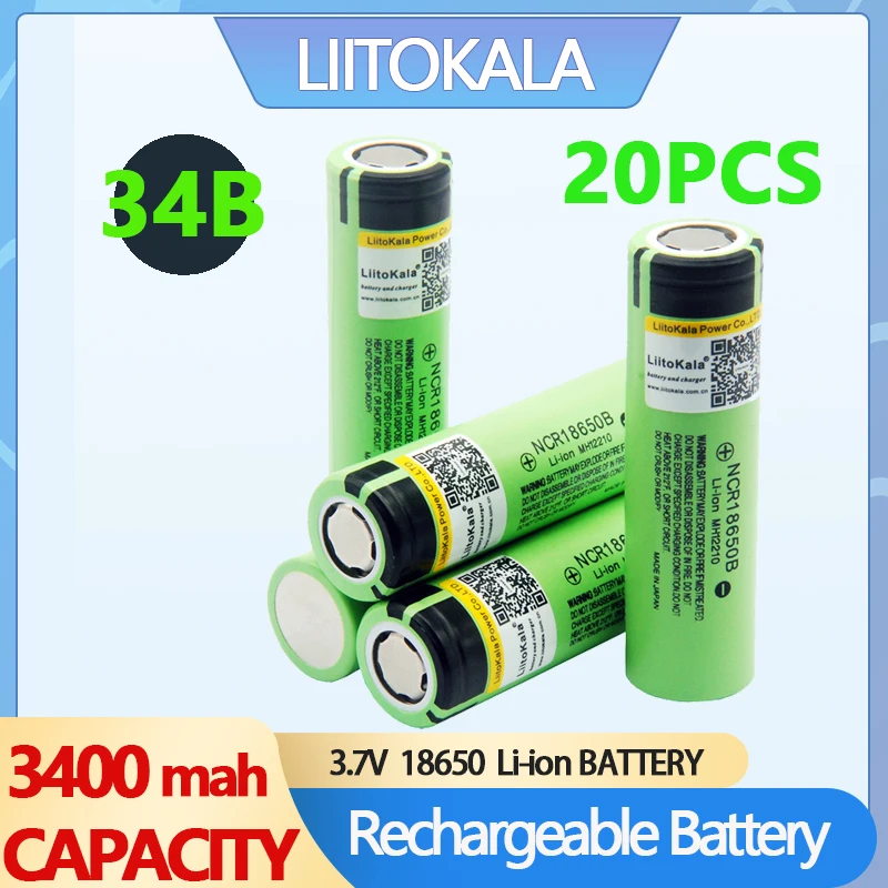 

20PCS LiitoKala 34B 100% New Original NCR18650B 3.7v 3400 mah 18650 3400mAh Lithium Rechargeable Battery Flashlight batteries