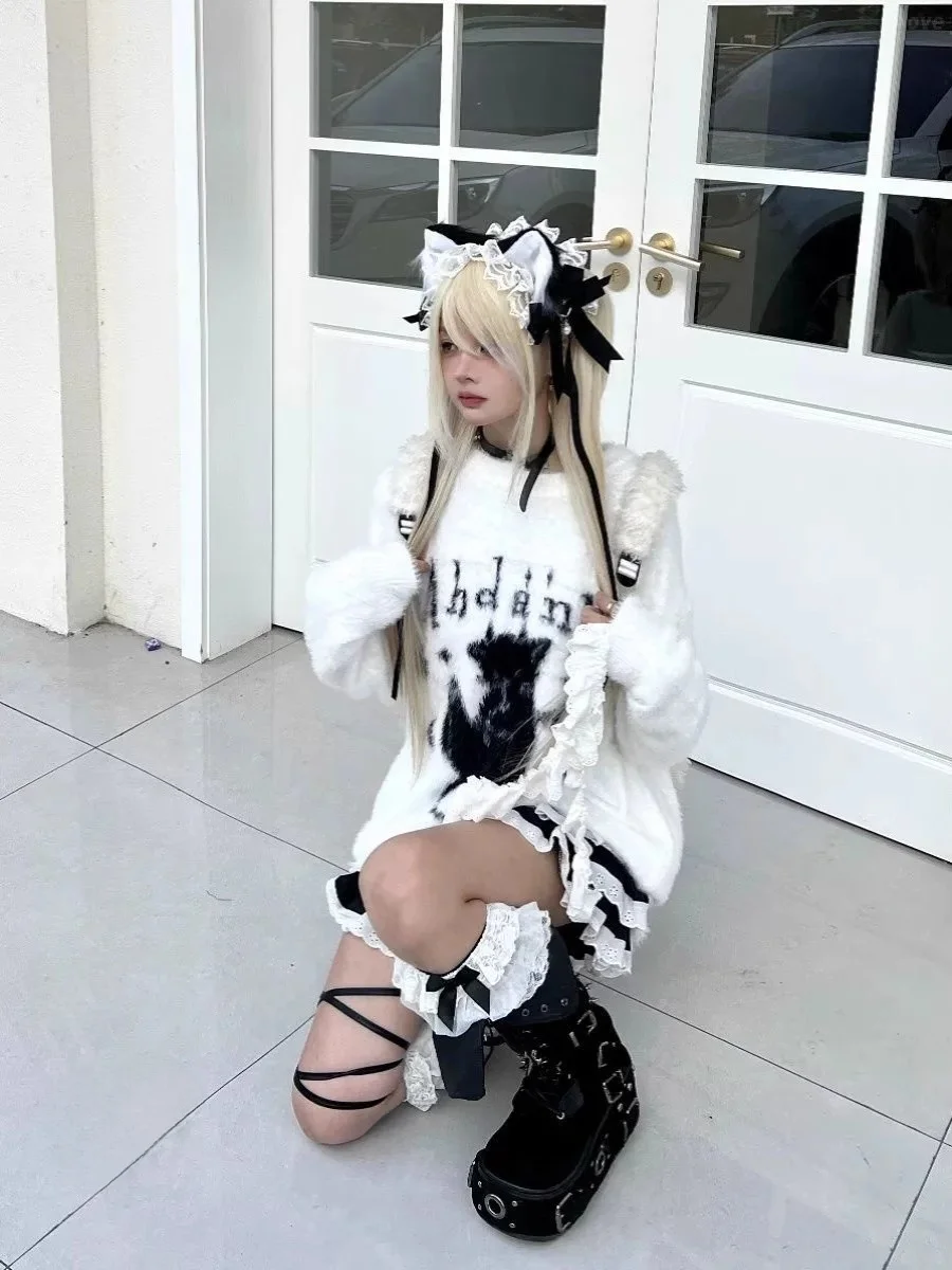 冬のかわいい漫画風アメリカンスタイルゆったりとした女性用ニットセーター、柔らかいフェイクミンク、ロング丈、ラウンドネック、カジュアルで快適