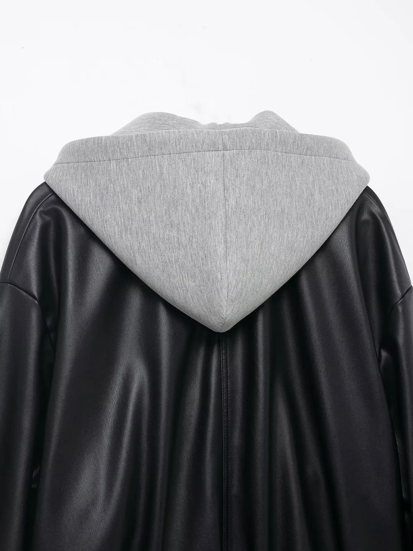 New autumn and winter patchwork leather effect jacket popular European street style women's solid color zipper long sleeved jack