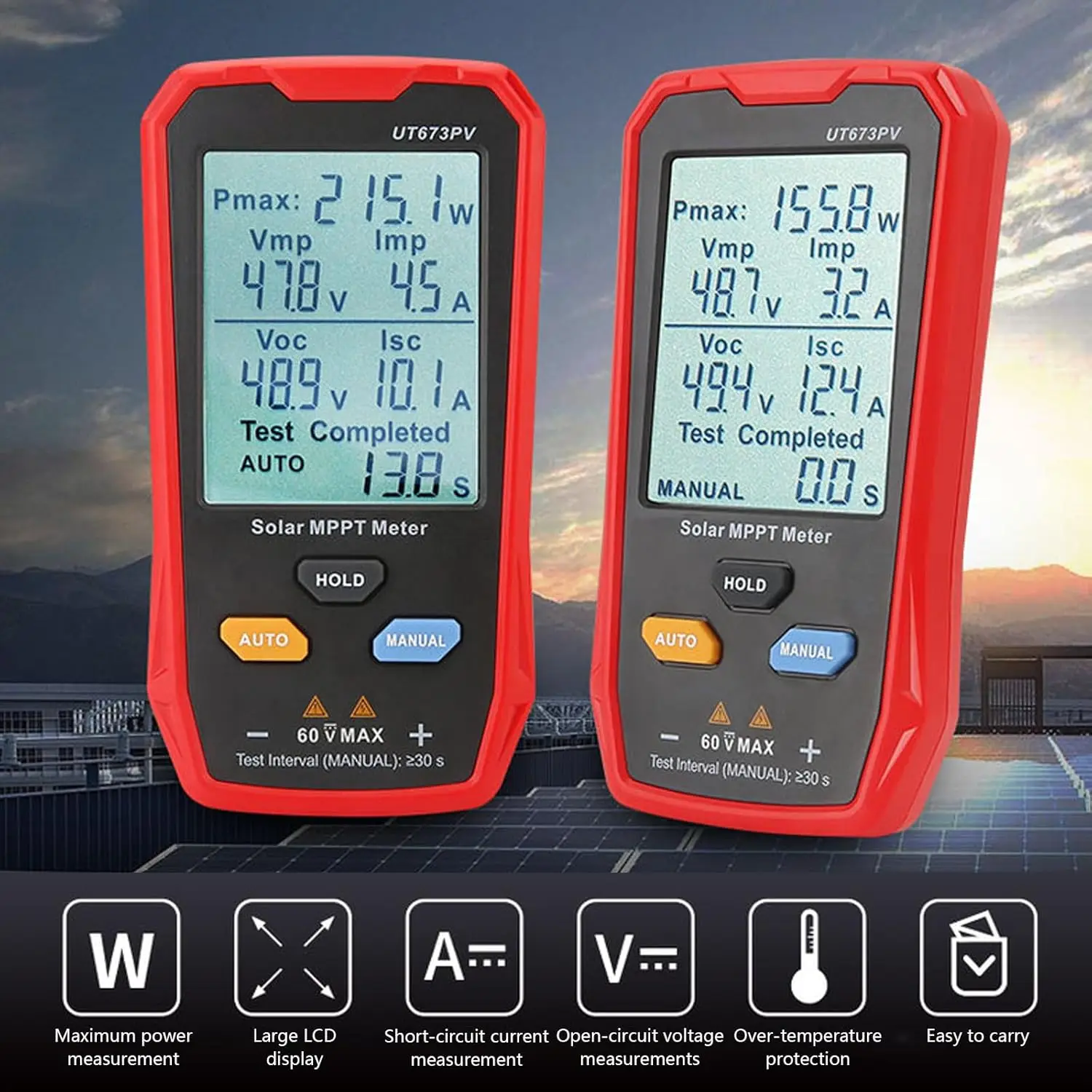 UT673PV Solar Panel Tester - Photovoltaic Multimeter for Pmax, Vmp, Imp, Voc, Isc, with MPPT & Large LCD Display