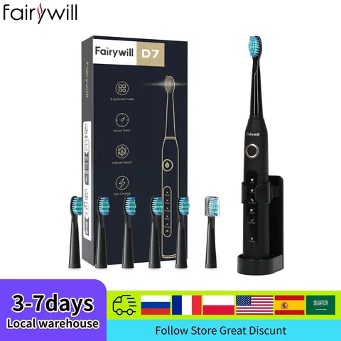 Fairywill 전기 음파 칫솔 FW507 성인용 교체 브러시 헤드 4개가 포함된 방수 강력한 청소 칫솔