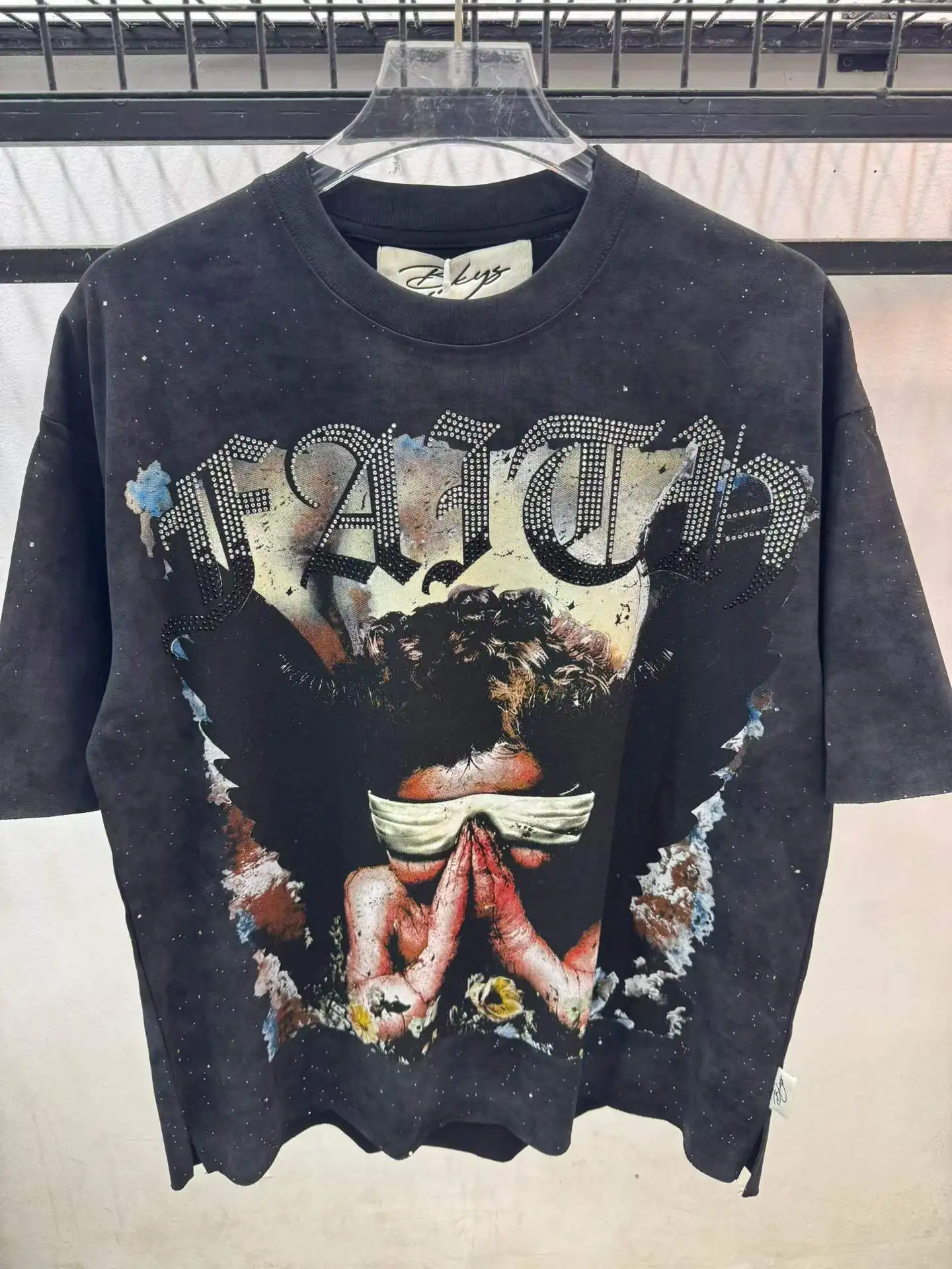 2026 Best Version BKYS L.A Hot-fix Rhinestones Washed Angels Printed Heavy Cotton Women Men T shirts tees Oversized Men T shirt