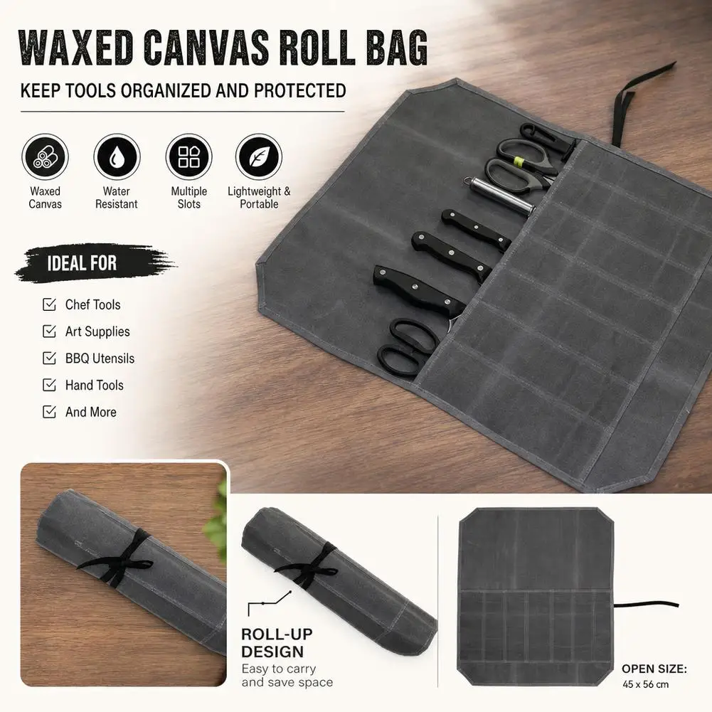 Canvas Knife Roll Bags Portable Knife Storage Roll Bags Chef Knife Carrier Waterproof Knife Roll Storage Bag with 7 Slots
