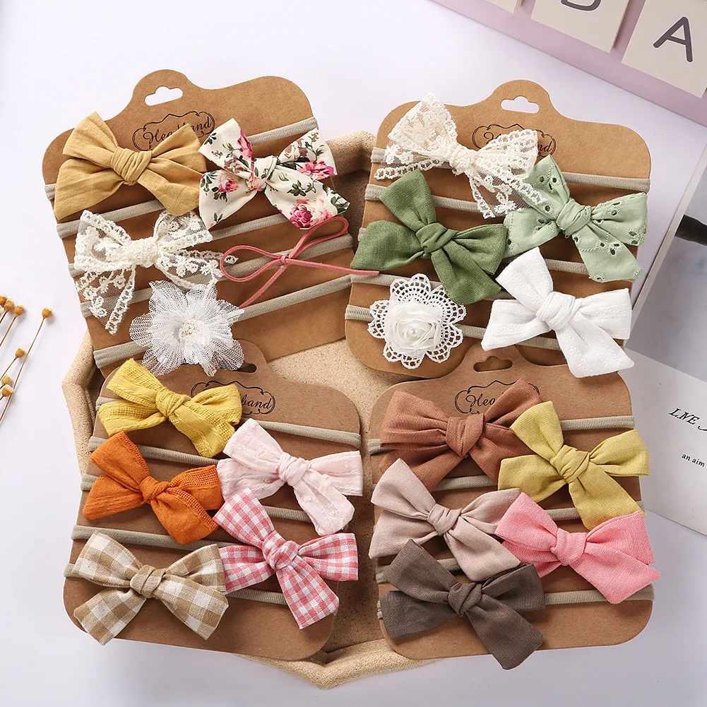 5pc/lot Floral Printed Linen Cotton Hair Bows Nylon Headband Kid Girls Lace Flower Headband Set,Children Plaid Bow Headband Baby