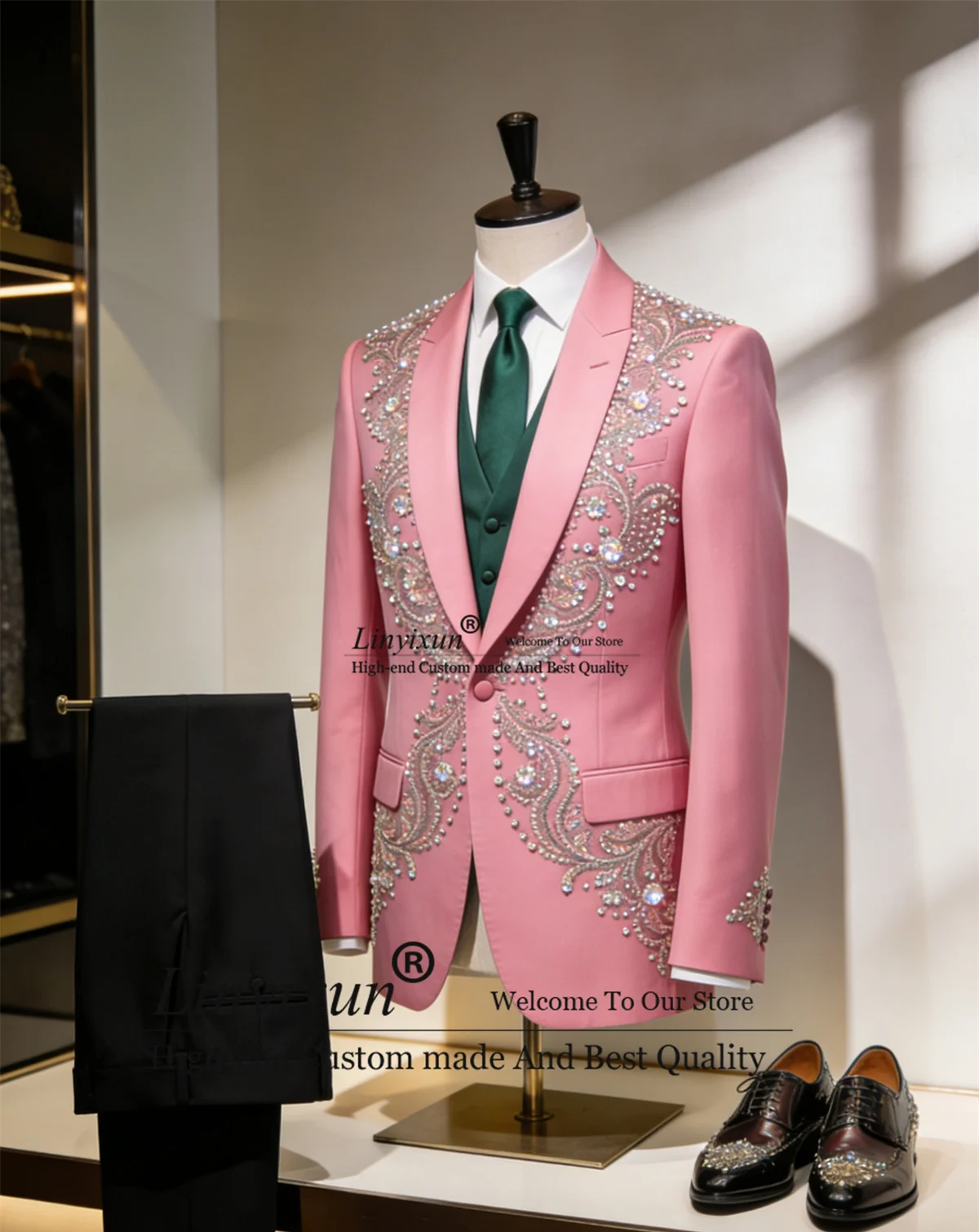 

Luxury Rhinestons Men Suits Peaked Lapel Customized Wedding Groom Tuxedos 3 Piece Set Male Prom Blazers Slim Fit Costume Homme