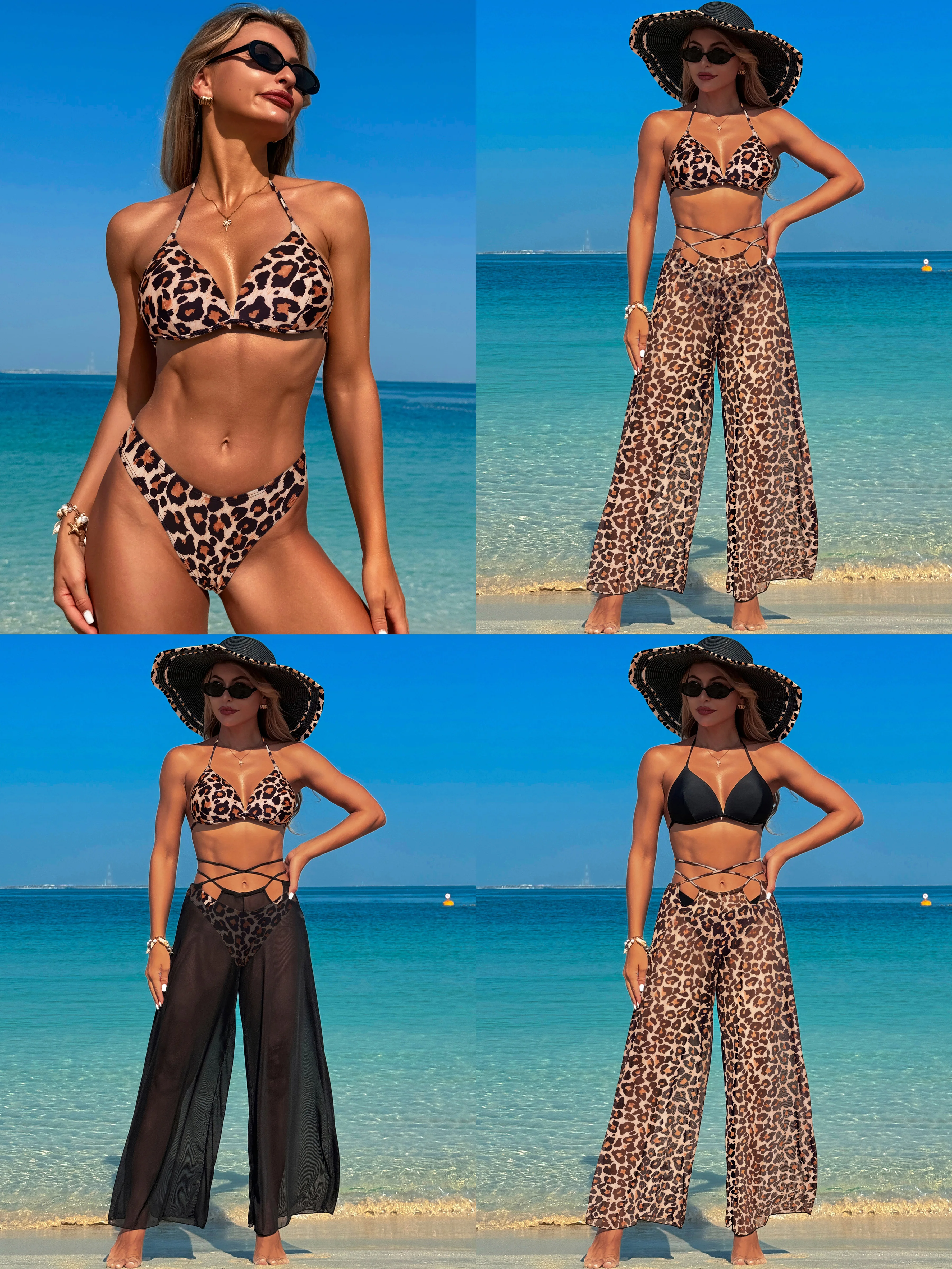 Bikini sexy de malla transparente con escote en V profundo, vendaje acolchado con cordón, traje de baño de tres piezas, vacaciones en la playa de verano