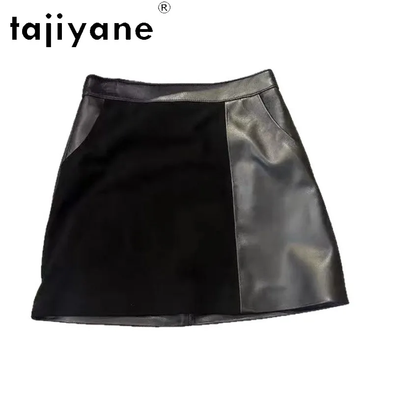 TAJIYANE Genuine Leather Skirt Sheepskin Spliced Goat Suede Women's Skirts A-Line Mini Skirt for Women High Waist Black Юбка Y2k