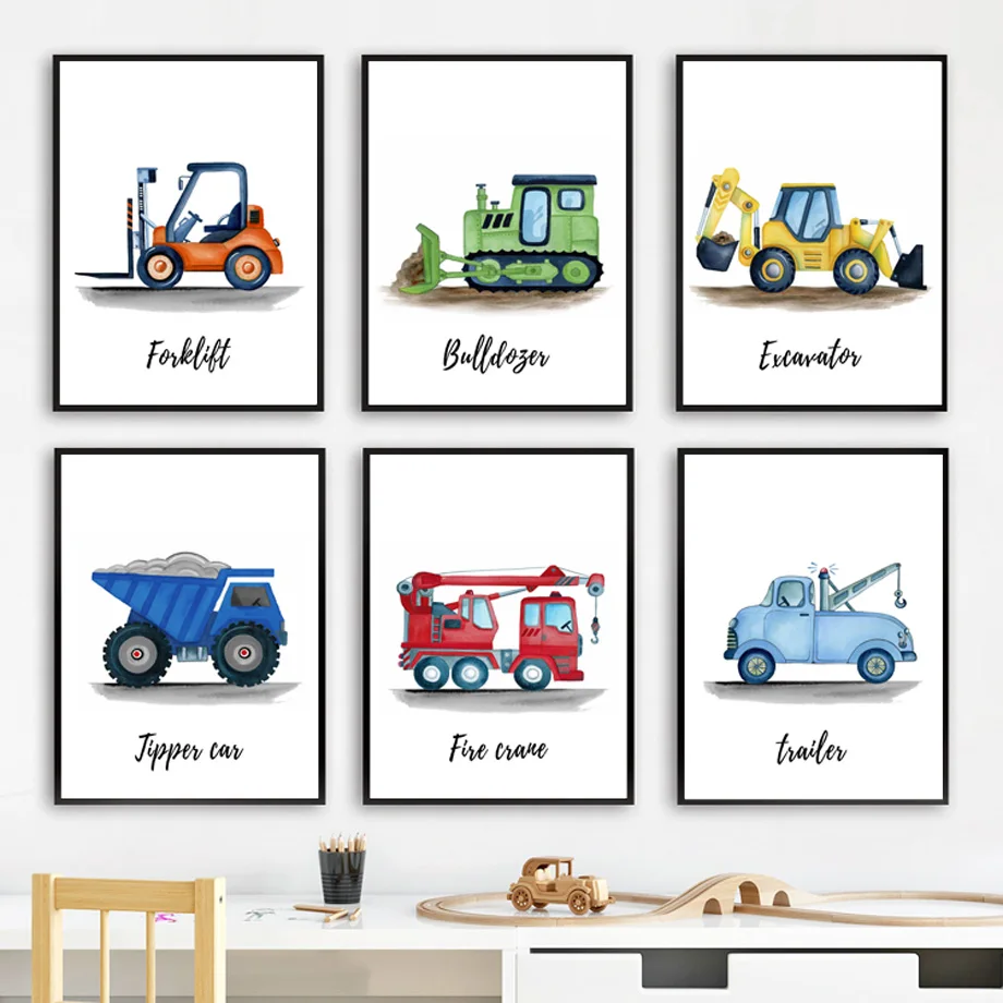 Boys Construction Vehicle Nursery Wall Art Poster Excavator Bulldozer Forklift Crane Trailer Watercolor Print Bedroom Home Decor