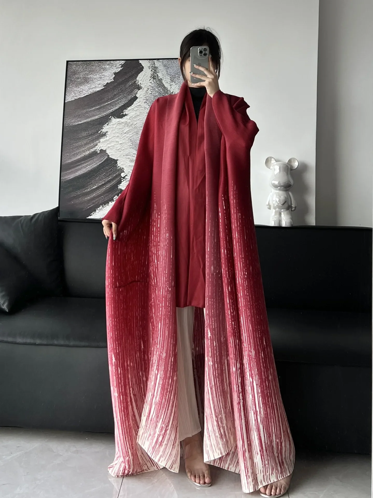 Pleats Robe Pleats 2024 Spring Women Gradient Color Printing Bat Sleeve Coat Jacket Arabic Long Robe Plus Size Loose Long Coat