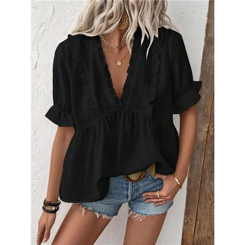 AOAO – Blusa feminina de verão de manga curta babydoll com babados e decote em V e bolinhas