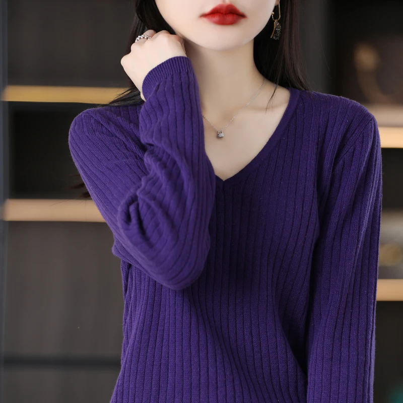 100% Cotton V-Neck Knitted Sweater Women's Loose Long Sleeve Crew Neck Base Shirt Drawstring Casual Inner Wear Top